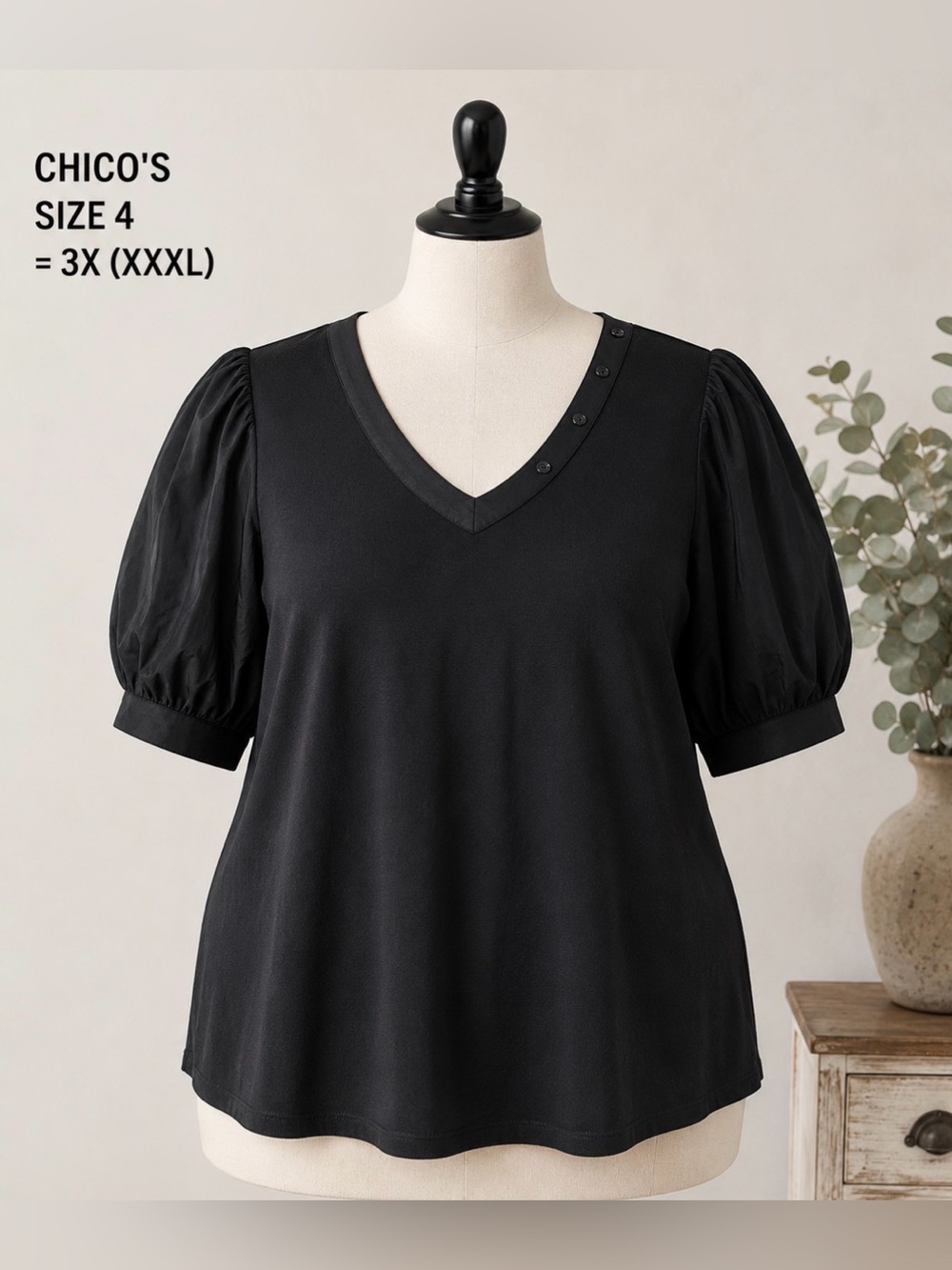 Chico's -Black V-Neck with Puff Sleeve Top -button detail- cotton